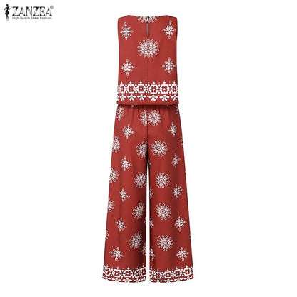 ZANZEA Fashion Summer Sleeveless Tanks Tops Pant Sets Stylish Women Matching Sets Bohemain Printed Tracksuit 2PCS Holiday Outfit
