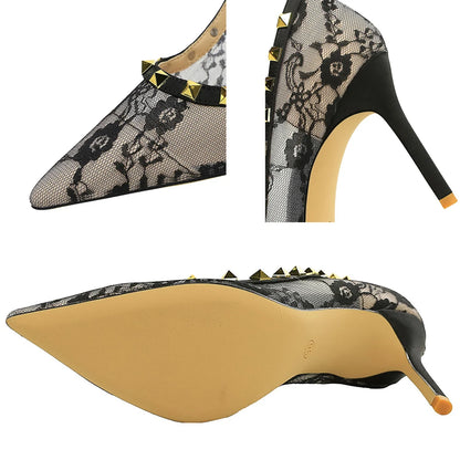 BIGTREE Shoes Sexy High Heels Lace Mesh Women Pumps Rivet Decoration Stiletto Heels 9 CM Ladies Sexy Party Shoes Plus Size 43