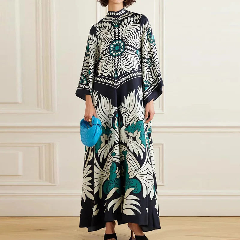 2025 Loose Fit Three Quarter Sleeve Lace-Up Party Dress Women Spring Summer Printing V-Neck Maxi Dress Streetwear Dropshipping