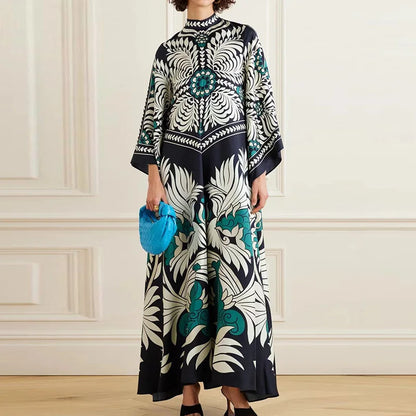 2025 Loose Fit Three Quarter Sleeve Lace-Up Party Dress Women Spring Summer Printing V-Neck Maxi Dress Streetwear Dropshipping