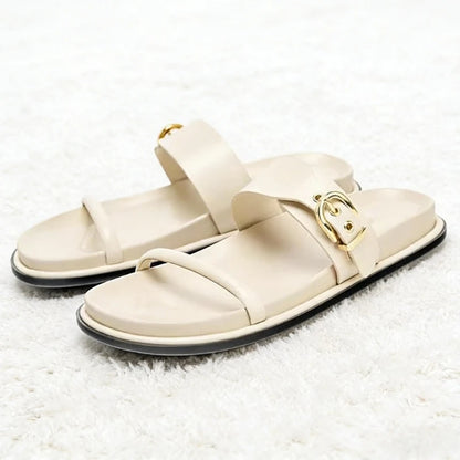 Gold Metal Buckle Decorated Flat Sandals Women Summer Soft Soles Comfortable Platform Slippers for Ladies Designer Beach Shoes