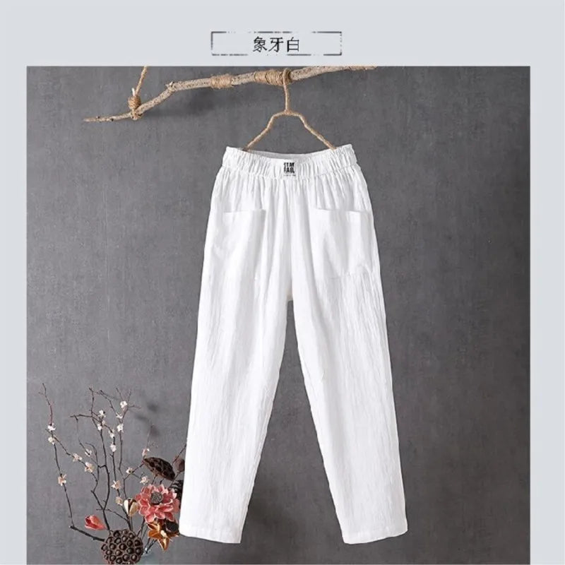 Cotton and Linen Casual Pants For Women Korean Style Solid Loose Straight Pants Summer Thin Nine-Point Harem Pants White Red