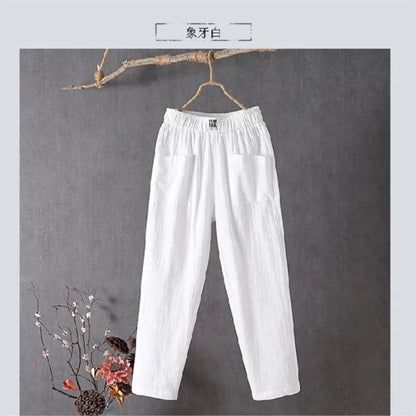 Cotton and Linen Casual Pants For Women Korean Style Solid Loose Straight Pants Summer Thin Nine-Point Harem Pants White Red