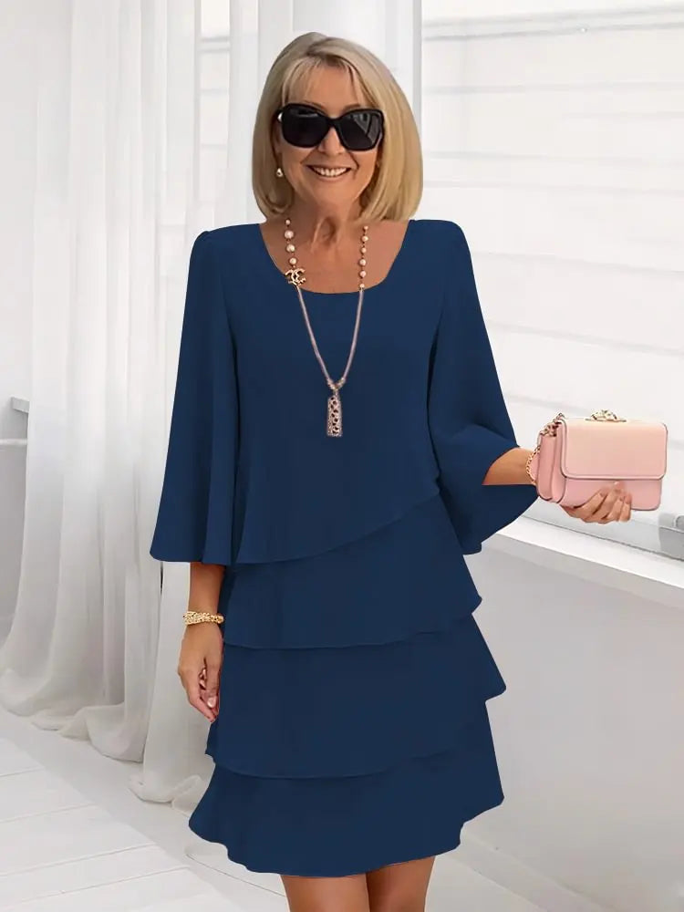 Women's Fashion Cake Skirt 3/4 Bell Sleeve Crewneck Tiered Layered Flowy Dress Party Wedding Outfits