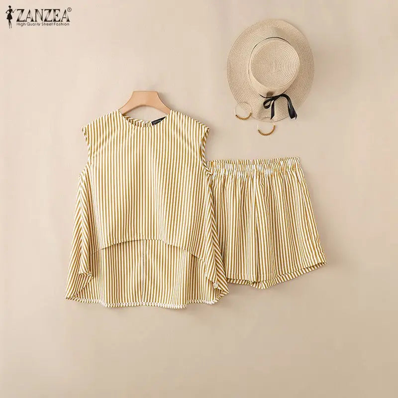 ZANZEA Women's Striped Short Sets Sleeveless High-Low Tops & Elastic Waist Shorts 2 Piece Suits Summer Casual Day Wear Outfits