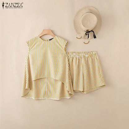ZANZEA Women's Striped Short Sets Sleeveless High-Low Tops & Elastic Waist Shorts 2 Piece Suits Summer Casual Day Wear Outfits