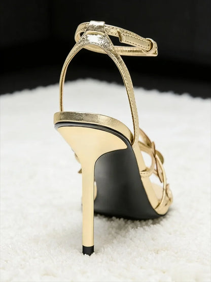 Luxury Gold Leaf Decoration Heeled Sandals Women Sexy Open Toe Ankle Strap Thin High Heels Elegant Banquet Dress Designer Shoes