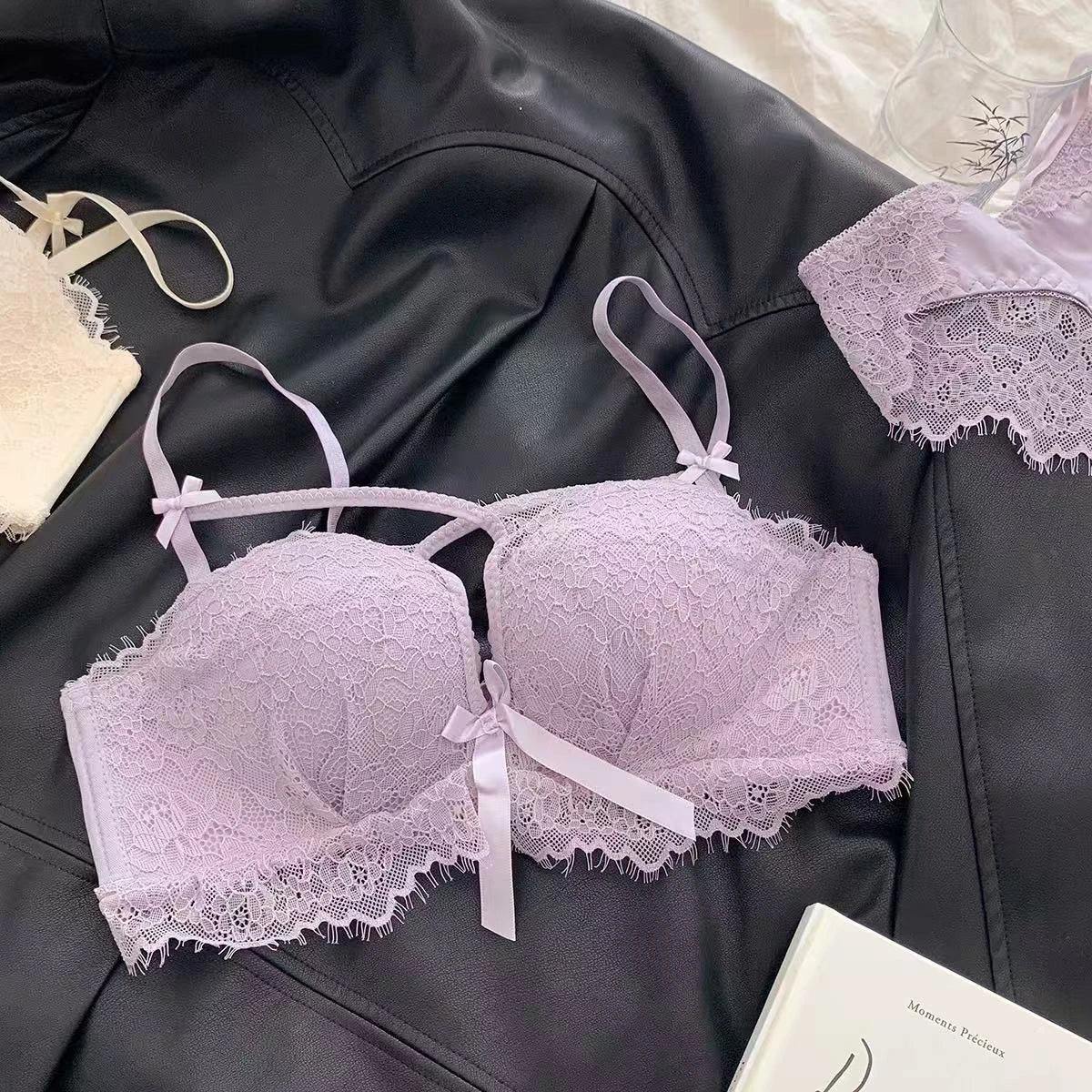 BANERDANNI Kawaii Anime Bra Set Japan Maid Lace Bralette with Thicken Pads Cut-Out Design Small Bust Enhancer Pure-Sex Underwear