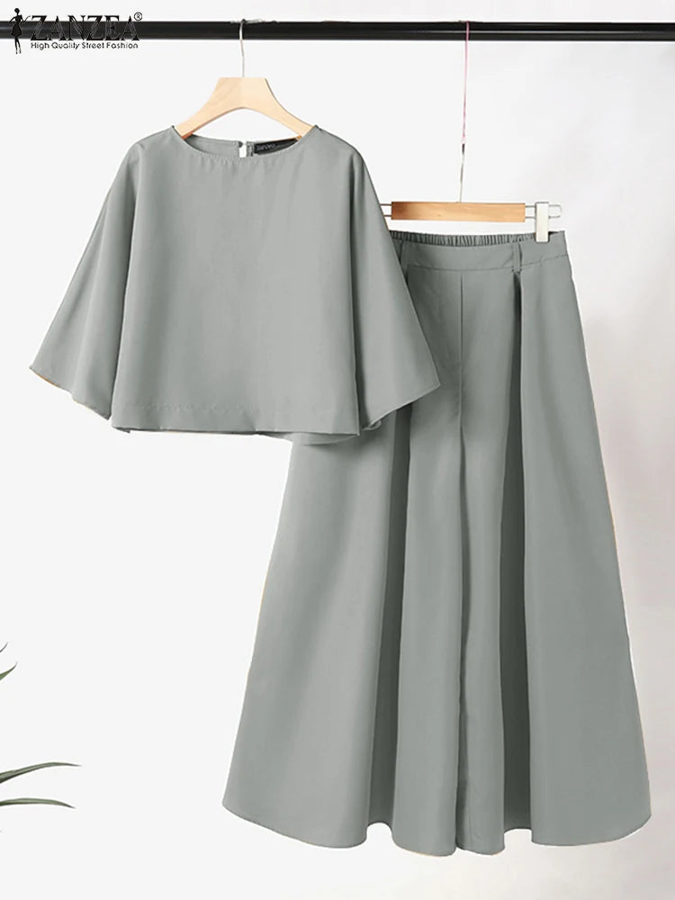 ZANZEA Women Causal 2PCS Pant Sets Loose 3/4 Sleeve Tops Wide Leg Pants 2-Pieces Outfits Solid Color Fashion Commute Tracksuits