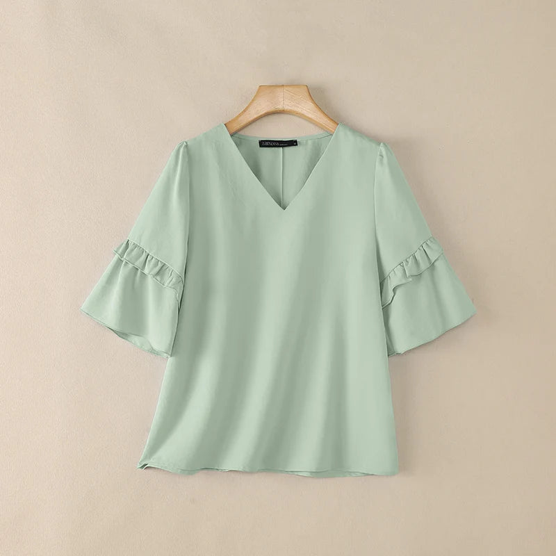 ZANZEA Women Elegant Blouses V-Neck Half Flare Sleeve Ruffles Trim Pullover Tops Summer Daily Casual Solid Color Blusas de Mujer