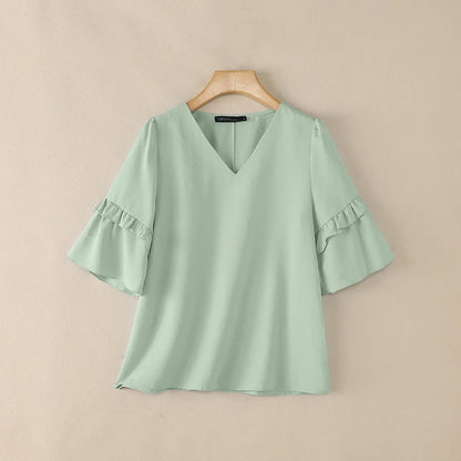 ZANZEA Women Elegant Blouses V-Neck Half Flare Sleeve Ruffles Trim Pullover Tops Summer Daily Casual Solid Color Blusas de Mujer