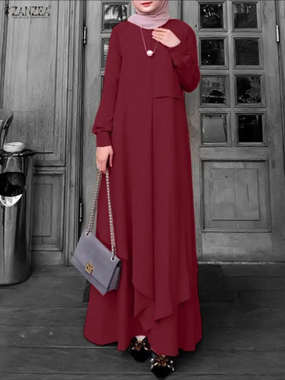 2026 ZANZEA Ramadan Robe Modest Elegant Muslim Abaya Dress Women Spring Long Sleeve Dresses Irregular Sundress IsIamic Clothing