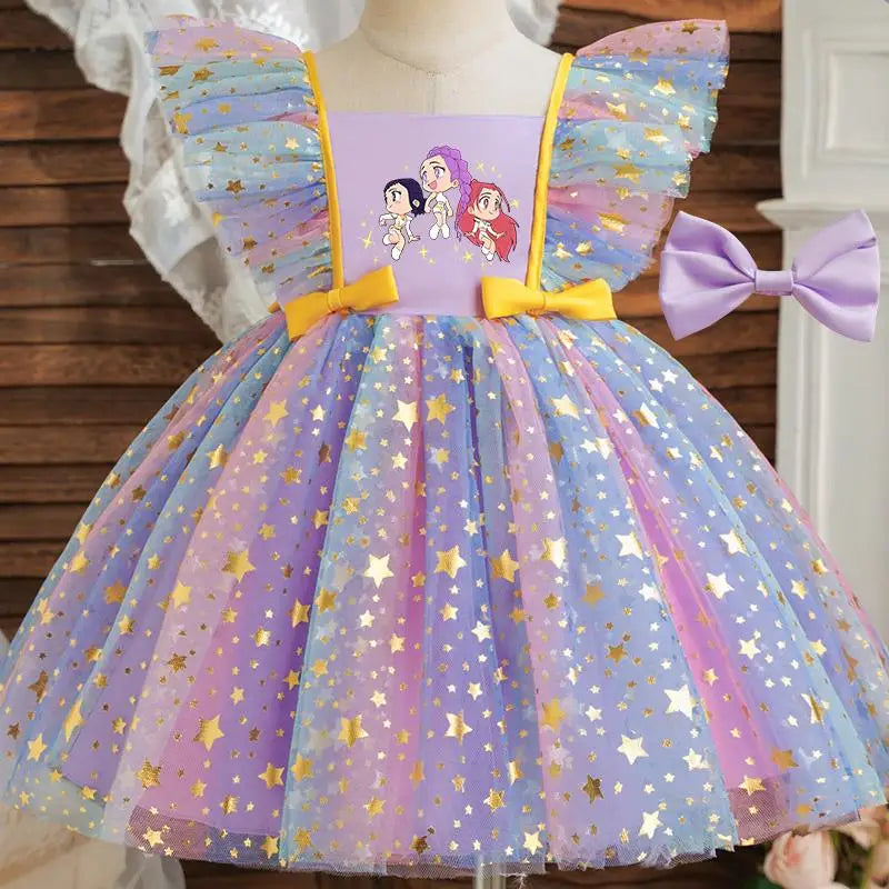 K-Pop Hunters Zoey Rumi Princess Dress for Girls Sequined Star Ruffle Bow Tutu Baby Formal Gala Prom Gown Kids Party Costume