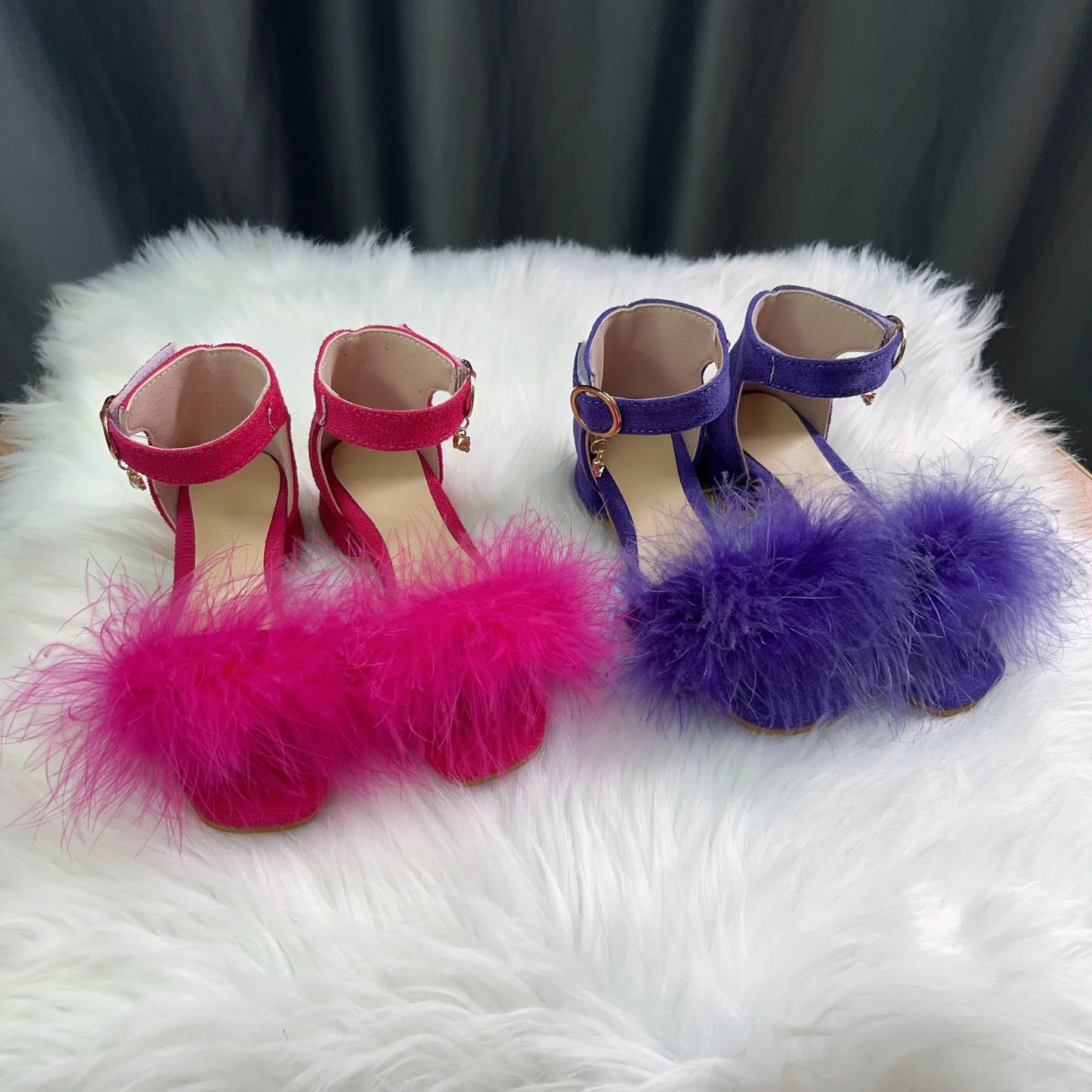 Toddler Girls Sandals Summer Low-heels Children's Sandals Open-toe Princess Fluffy New Versatile Kids Fashion Ankle-strap Shoes