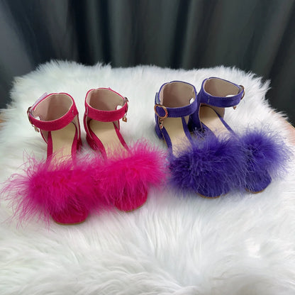 Toddler Girls Sandals Summer Low-heels Children's Sandals Open-toe Princess Fluffy New Versatile Kids Fashion Ankle-strap Shoes