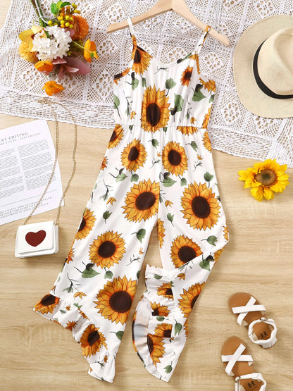 Girls Casual Sunflower Pattern Romper Summer Children's Fashion Comfortable Versatile Outdoor Scene Suitable Holiday Outfit