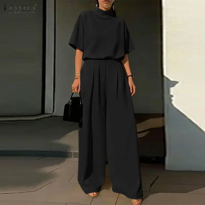 ZANZEA Women's Minimalist Pant Suits Wide Leg Pant & Mock Neck Half Sleeve Blouse 2 Pieces Sets Elegant Solid Pant Sets Outfits