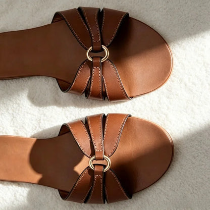 Unique Metal-decorated Flat Sandals Women Novelty Sewing Narrow Band Designer Shoes Cozy Open Toe Beach Sandals Zapatos De Mujer