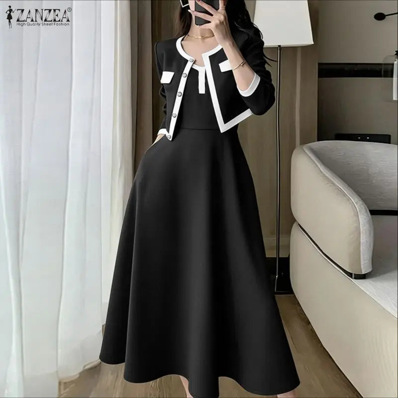ZANZEA Elegant Women OL Work Dress Sets 2026 Spring Office Outfits Long Sleeve Slim Fit Cropped Tops Cardigan Maxi Tanks Dress