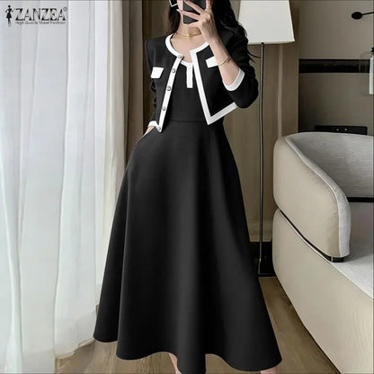 ZANZEA Elegant Women OL Work Dress Sets 2026 Spring Office Outfits Long Sleeve Slim Fit Cropped Tops Cardigan Maxi Tanks Dress