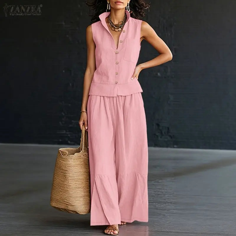 2026 ZANZEA Summer Wide Leg Pant Sets Stylish Lapel Neck Sleeveless Shirt Trousers Suit Women Solid OL Work Outfits 2 Piece Sets