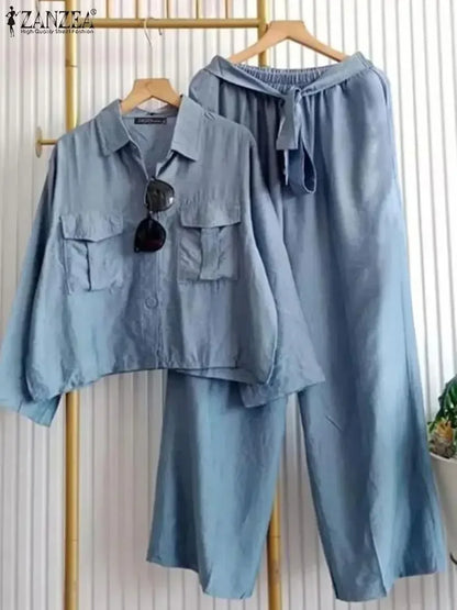 2025 ZANZEA 2-Piece Pant Sets for Woman Outfits, Long Sleeve Shirts and Tied-Waist Wide Leg Pants, Casual Loose Suits Workwear
