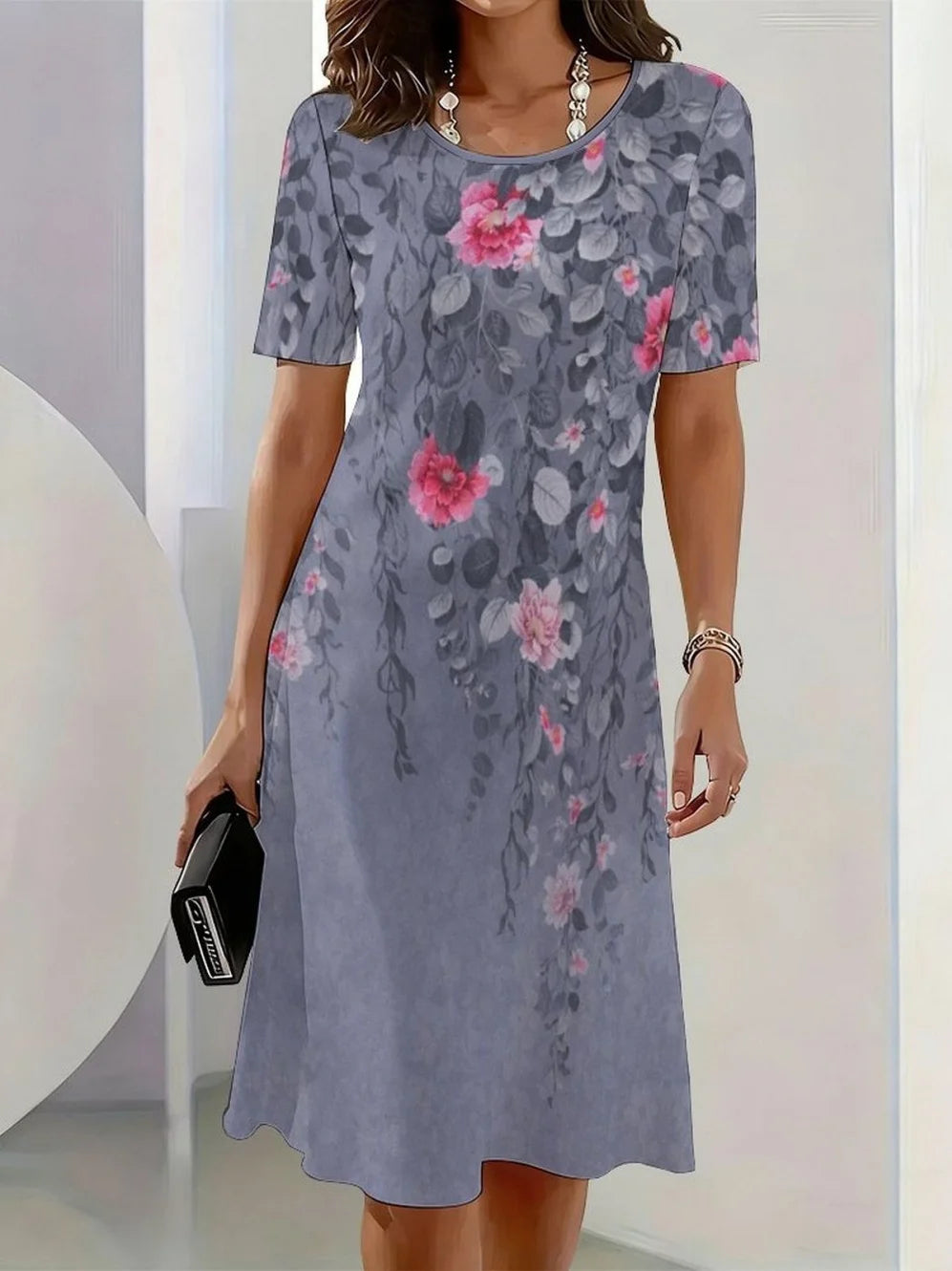 2026 New Elegant Floral Print Dresses for Women Round-Neck Short Sleeve Female Clothing Summer Travel Vacation Clothes for Woman
