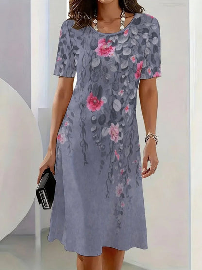 2026 New Elegant Floral Print Dresses for Women Round-Neck Short Sleeve Female Clothing Summer Travel Vacation Clothes for Woman