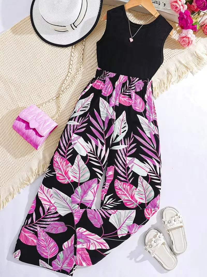 Girls Tropical Jumpsuit – Black Sleeveless Top with Pink Leaf Print Wide Leg Pants Romper for Summer