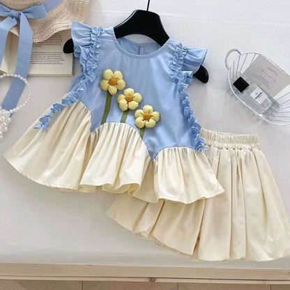 Summer New Flying Sleeve T-shirt Tops + Shorts Two Piece Set Casual 3D Flower Patchwork Girl Clothes Pleated Sweet Kids Wear