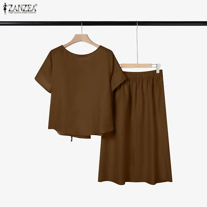 ZANZEA 2026Summer Outfits Elegant Women 2 Piece Sets O Neck Short Sleeve Blouse Dress Sets Solid A Line OL Work Midi Skirt Suit