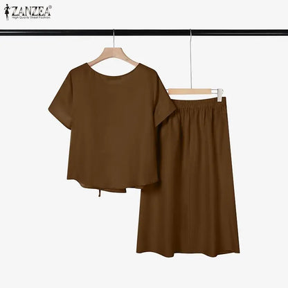 ZANZEA 2026Summer Outfits Elegant Women 2 Piece Sets O Neck Short Sleeve Blouse Dress Sets Solid A Line OL Work Midi Skirt Suit