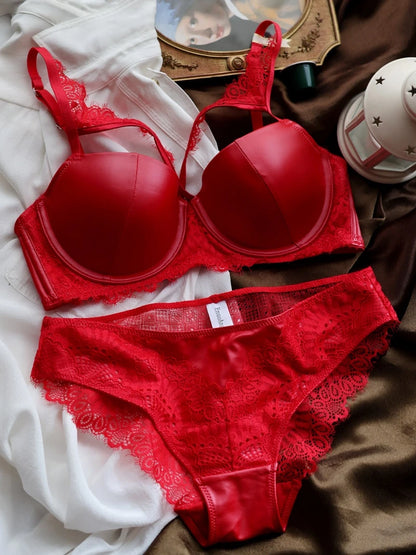 Adjustable upper thin lower thick underwear set gathering lingerie underpant women bra set glossy pu leather bralette
