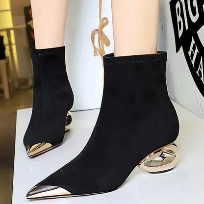 BIGTREE Shoes Metal Pointed Tip Women Boots Hollow Out Heels Women Ankle Boots Female Suede Short Boots Mid Heel Shoes Fashion