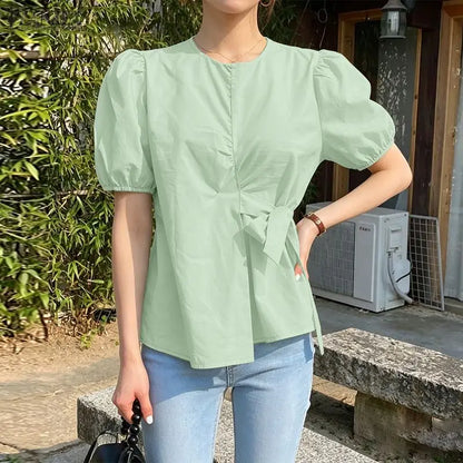 ZANZEA Women Elegant Chic Tied Waist Blouses O-Neck Short Puff Sleeve Solid Color Tops Summer Fashion Blusas de Mujer Streetwear