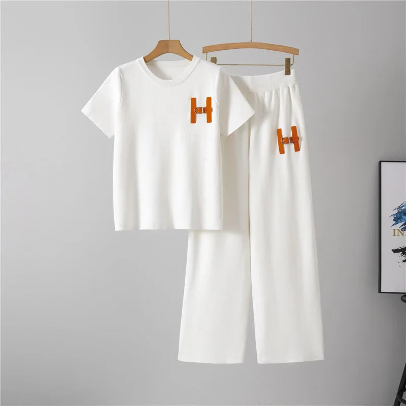Lazy Fashion Suit Summer New Style Women's Short Sleeved Casual Sports Wide Leg Long Pants Two-piece Set Trendy Pant Sets