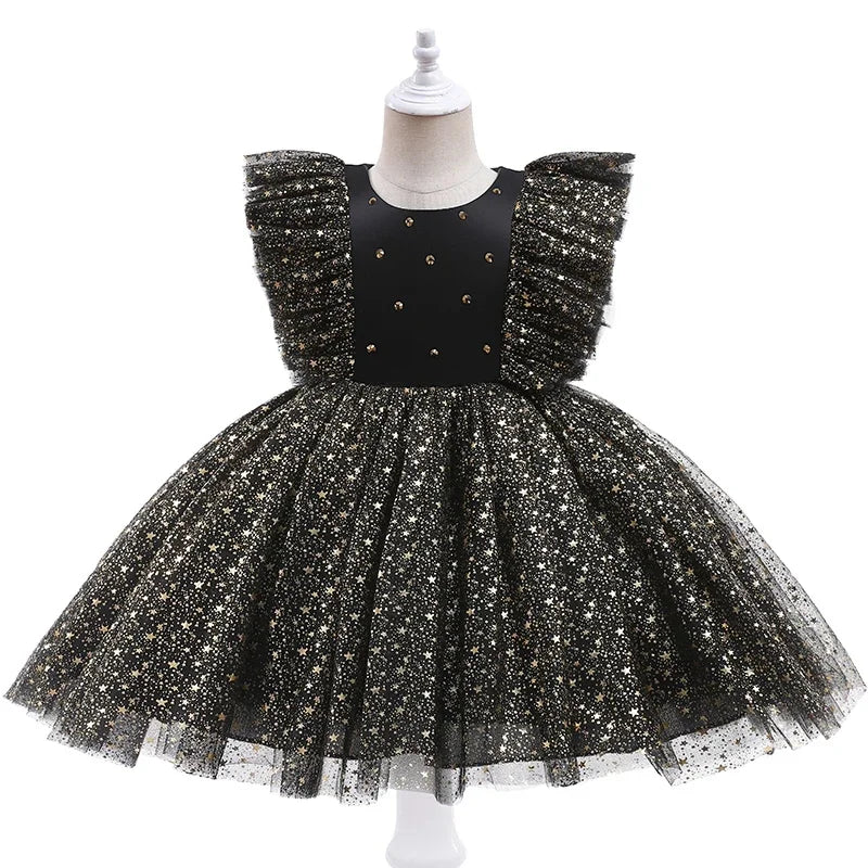 Toddler Baby Girls Luxury Star Sequins Flying Sleeve Bow Princess Dress For Infant 1st Year Birthday Baptism Christmas Prom Gown