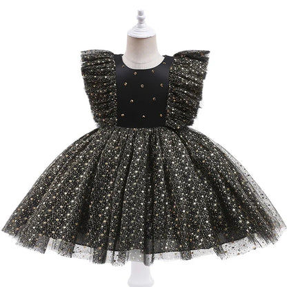 Toddler Baby Girls Luxury Star Sequins Flying Sleeve Bow Princess Dress For Infant 1st Year Birthday Baptism Christmas Prom Gown