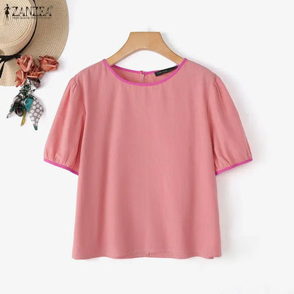 ZANZEA Women Summer Blouse Short Puff Sleeve Patchwork Casual O Neck Fashion Blusas OL Work Tops Oversize Tunic Streetwear