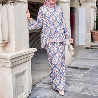 Fashion Women Muslim 2 Piece Sets ZANZEA Printed Outfits Bohemain Casual O Neck Long Sleeve Blouse Skirt Suit Hijab Tracksuit