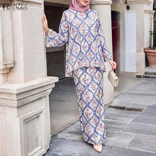 Fashion Women Muslim 2 Piece Sets ZANZEA Printed Outfits Bohemain Casual O Neck Long Sleeve Blouse Skirt Suit Hijab Tracksuit