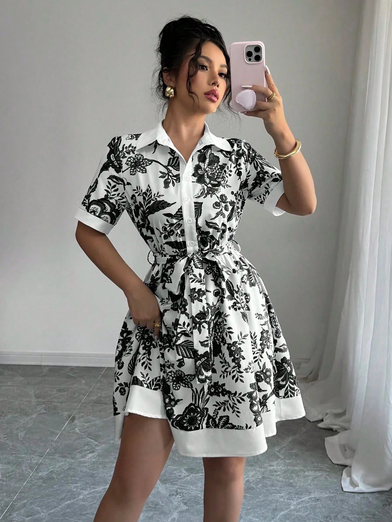 Dresses for Women New Summer Short Sleeve Turn Down Collar Women Dress Lace-up Print Dress Women Vestidos De Verano Mujer Q4136