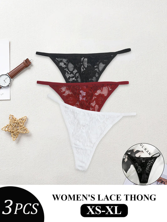 3PCS Sexy Lace Thongs Low Waist T-Back Underwear Women Elegant Lace Floral G-string Underpants Bikini Panties Tanga Mujer XS-XL