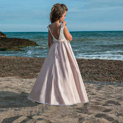 Girl Dresses For Weddings Backless Summer Dress Long Pageant Gown With Bow Kids Evening Prom Girls Party Dresses First Communion