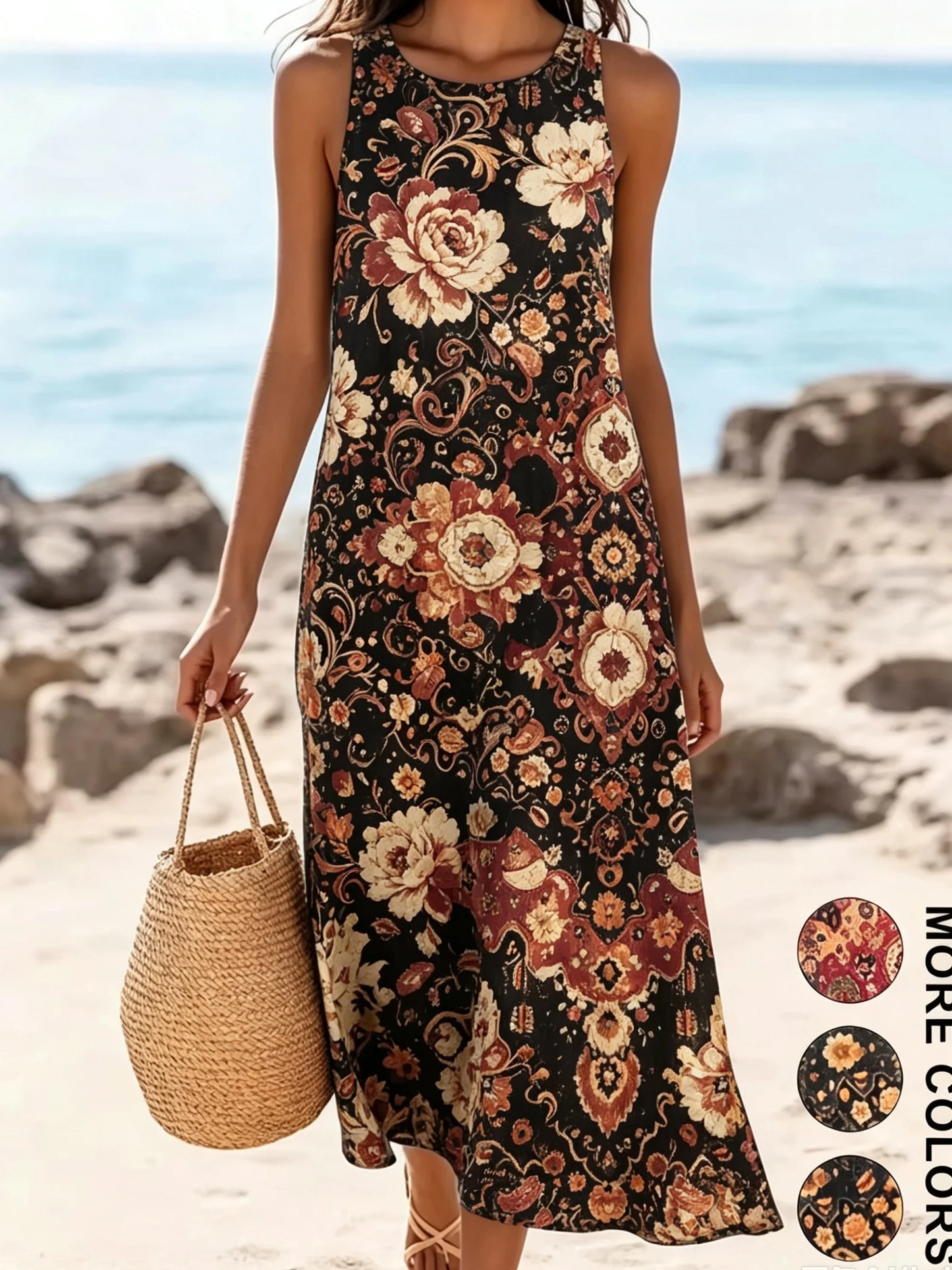 2026 Women's Sleeveless Bohemian Floral Casual Beach MIDI Sundress With Pockets Flowing and Loose Sweetheart Rustic Country