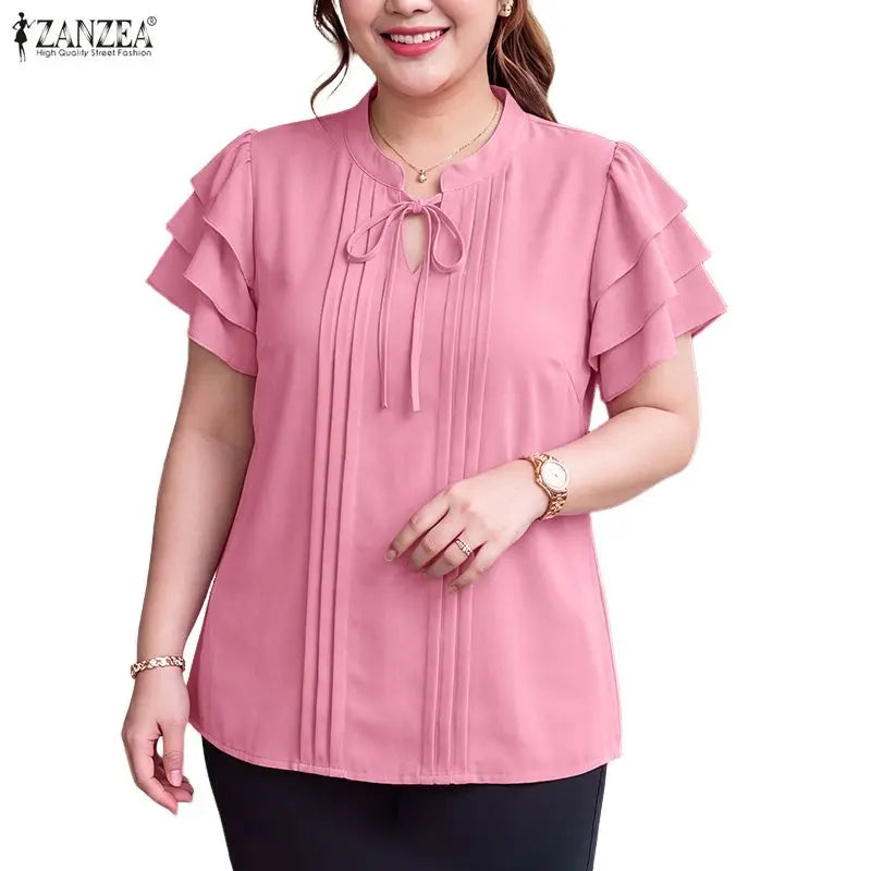ZANZEA 2026 Woman Elegant Blouses Tie Neck Layered Ruffles Sleeves Pintuck Solid Tops Summer Casual Daily Wear Blusas Mujer 3XL