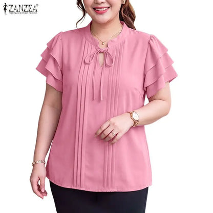 ZANZEA 2026 Woman Elegant Blouses Tie Neck Layered Ruffles Sleeves Pintuck Solid Tops Summer Casual Daily Wear Blusas Mujer 3XL