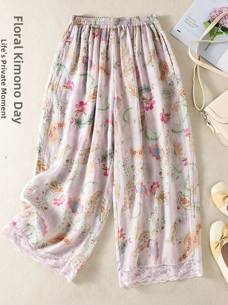Artistic Casual Pants Women Summer Loose Versatile Retro Print Wide Leg Pants High Waist Straight Tube Geometric Pattern