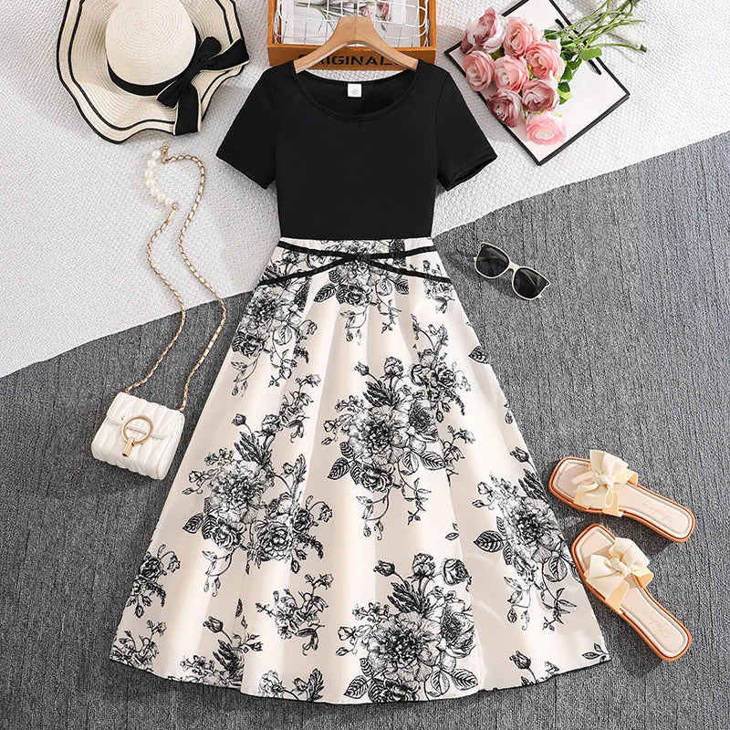 Girls 8-12 Black & White Floral Dress, Front Crew Neck Short Sleeve Belted Skirt/Back Plain Top & Skirt, Casual Daily Kids Dress