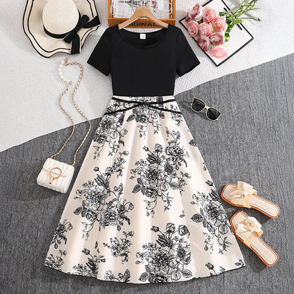 Girls 8-12 Black & White Floral Dress, Front Crew Neck Short Sleeve Belted Skirt/Back Plain Top & Skirt, Casual Daily Kids Dress